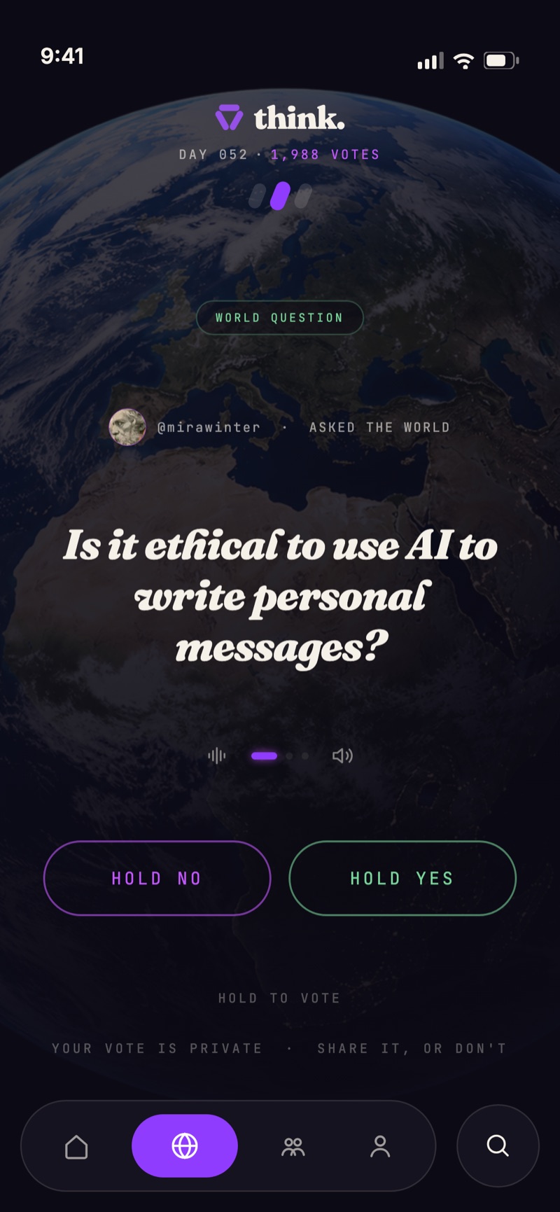 THINK World Question screen before voting, showing a yes or no question with the result hidden until you vote