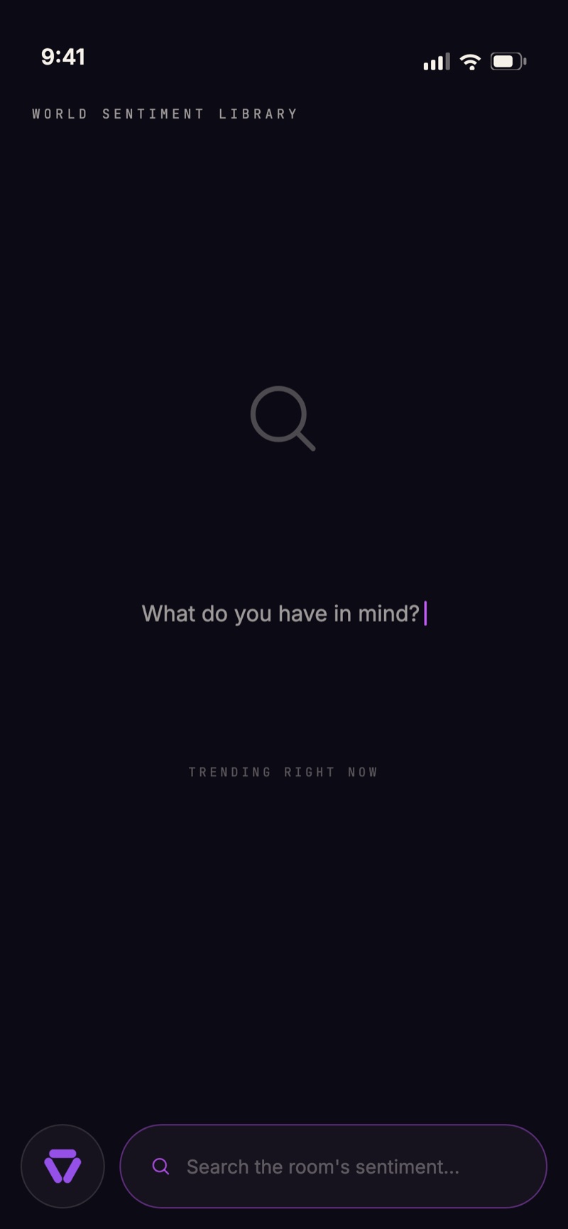 THINK World Sentiment Library search screen asking what do you have in mind, with a search the room's sentiment field