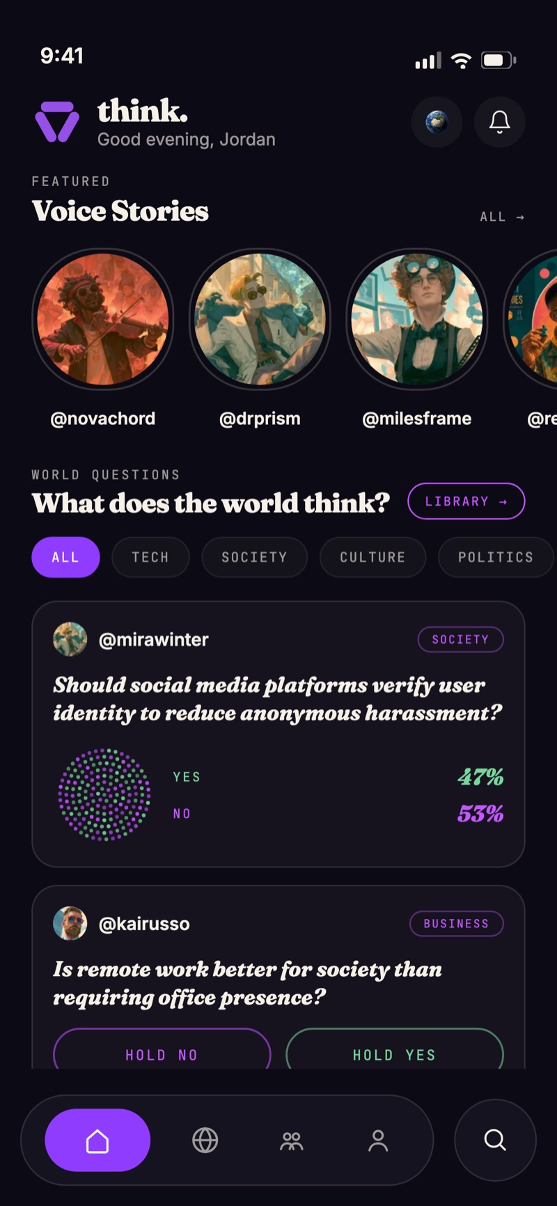 THINK home feed with a row of 30-second voice stories instead of comments