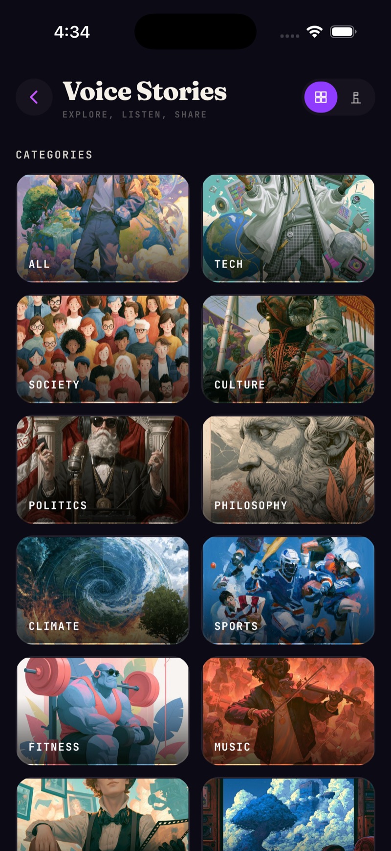 THINK voice explore screen with categories to browse voice stories by topic