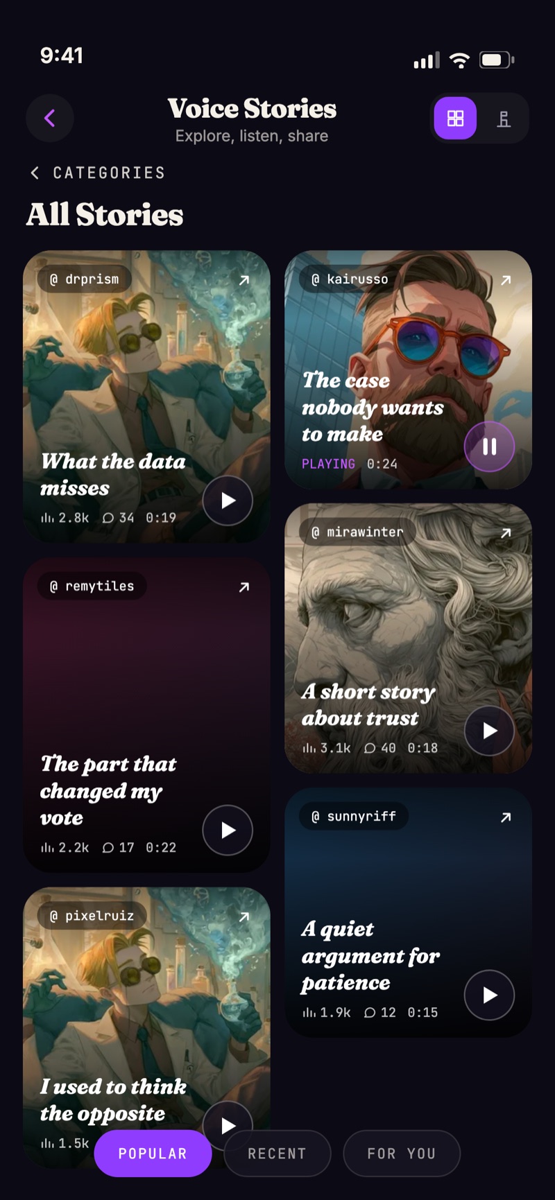 THINK voice stories explore grid showing story covers with listen counts and durations