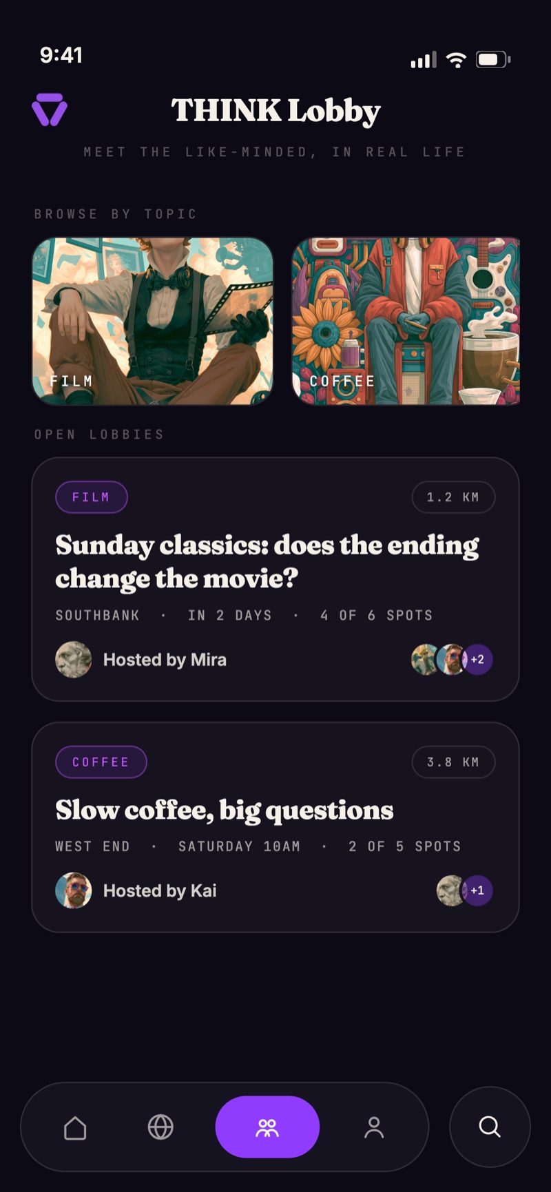 THINK Lobby screen for creating and joining real-life meetups on a topic