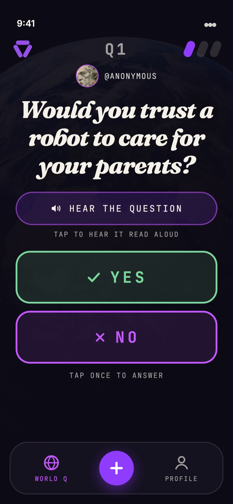 THINK Simple mode big question screen with large text and three-door navigation